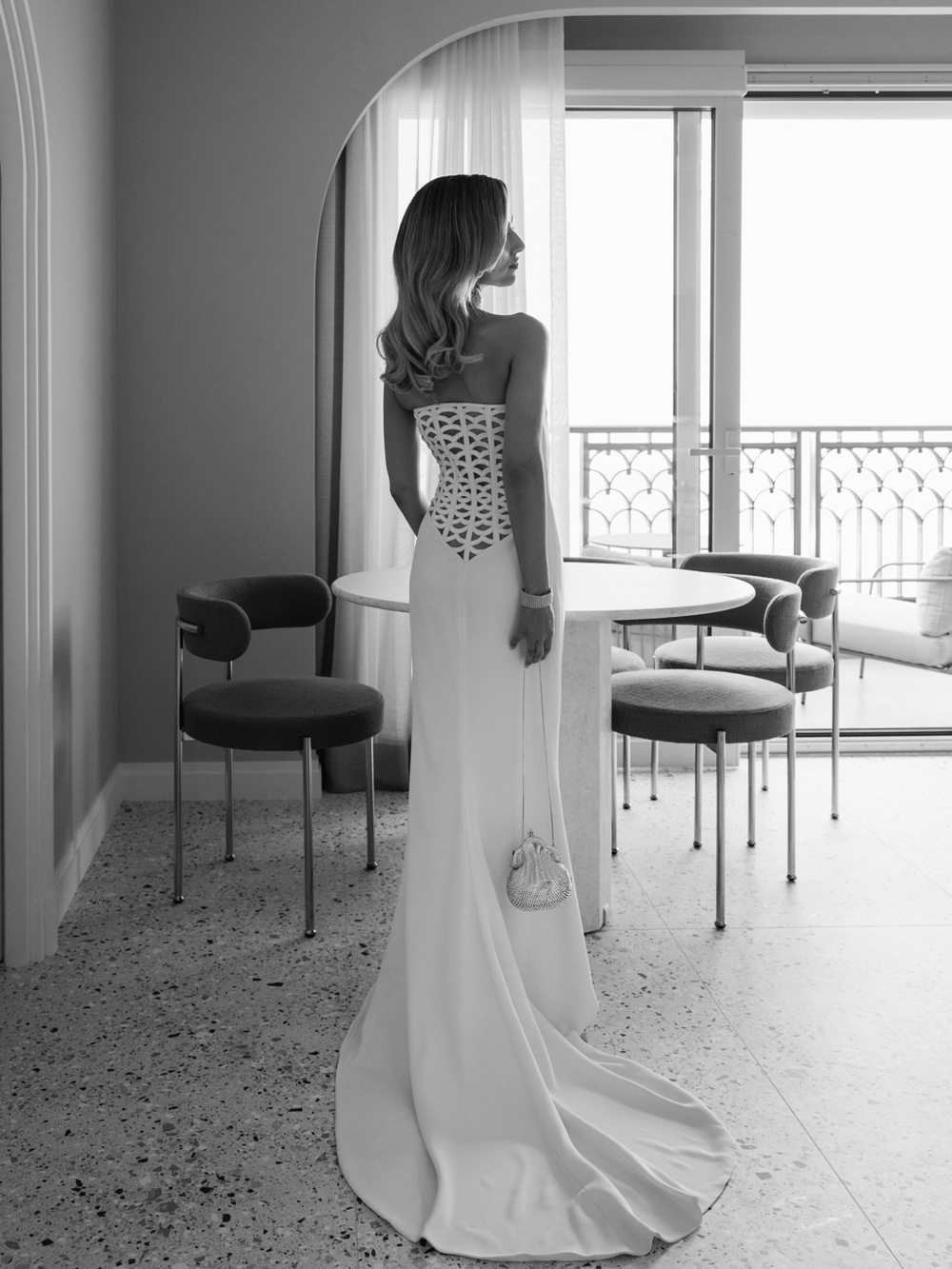 Vintage Versace White Backless Strapless Evening Gown with Lattice Back